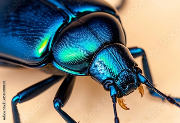 Fototapeta Macro shot of a shiny blue beetle with iridescent exoskeleton, showcasing intricate insect details.