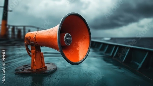 Fototapeta A vivid orange megaphone rests on a wet deck, surrounded by a moody, stormy atmosphere; it symbolizes communication and urgency in a nautical setting.