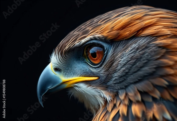 Fototapeta Close-up portrait of a majestic falcon with sharp eyes and detailed feathers, isolated on black.
