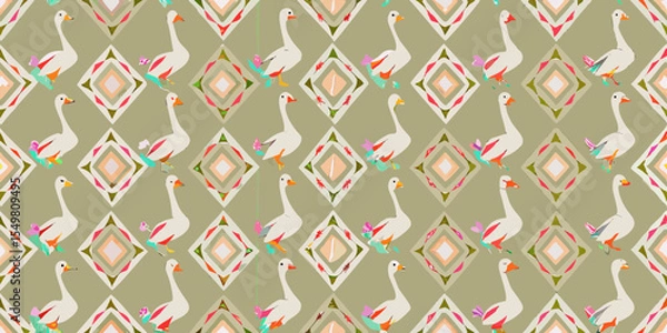 Fototapeta Whimsical Goose Pattern with Geometric Diamond Accents on Olive Green Background