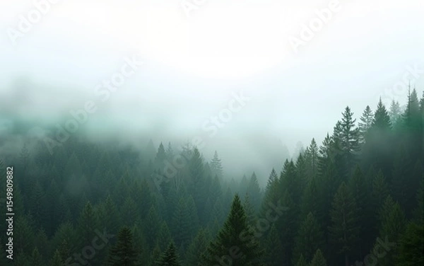 Fototapeta The dense pine forest is shrouded in mist and the greenery stands out against a soft white background, perfect for expressing tranquility or mystery, perfect as a backdrop for a nature theme.