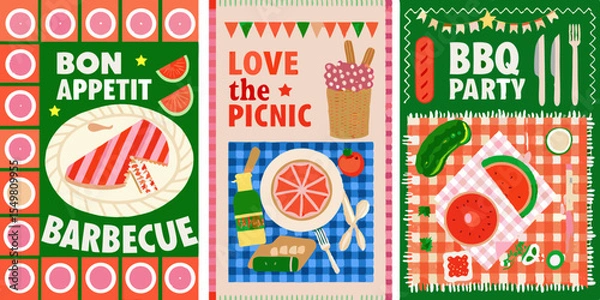 Fototapeta Colorful Hand Drawn Illustrations of Picnic Barbecue and BBQ Party Themes