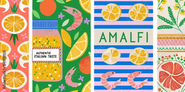 Fototapeta Colorful Italian Food and Travel Inspired Pattern Design with Amalfi Theme