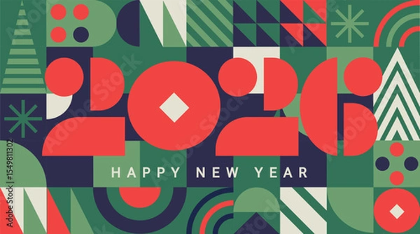 Fototapeta Geometric banner for 2026 New Year.Greeting poster with numbers on minimalistic background with simple geometry shapes.Template for flyer,web, cover,calendar,web,presentation,print.Vector illustration