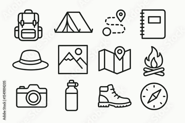 Fototapeta Camping and hiking essentials: backpack, tent, map, camera, compass, fire, hat, boots, notebook