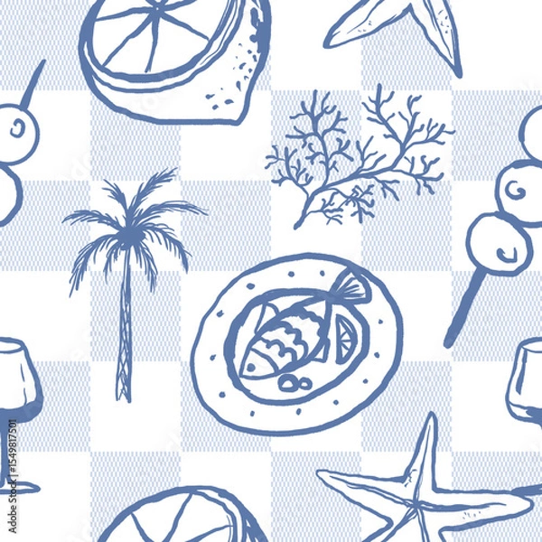 Fototapeta Sea food vacation seamless checkered pattern. Wine, fish, palm tree and corals hand drawn illustration. Design for textile, paper wrap restaurant and menu
