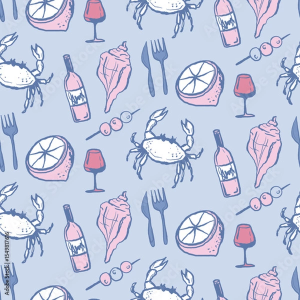 Fototapeta Sea food vacation seamless pattern. Wine, crab, seashells and lemon hand drawn illustration. Design for textile, paper wrap restaurant and menu. Ocean and sea delicacy