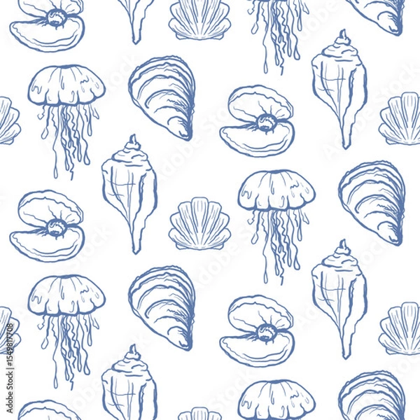 Fototapeta Vector seashells and sea animals seamless pattern. Sea shell icons in blue on white. Sea life background.