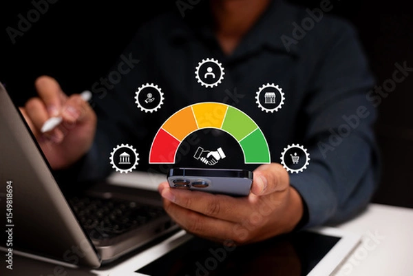 Fototapeta A person uses a smartphone with a credit score gauge and finance icons, indicating digital financial management and credit monitoring.