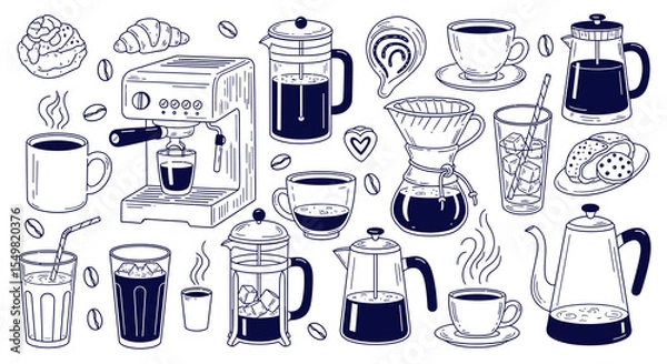 Fototapeta Coffee Preparation Doodle Set: Espresso Machine, French Press, Pour Over, and Pastries