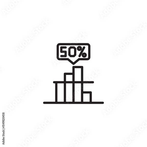 Fototapeta A simple line art icon displays a bar chart with four bars of varying heights. A speech bubble above the tallest, central bar shows "50%", indicating a specific data point. 