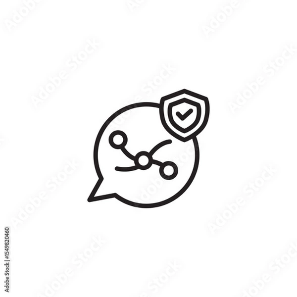 Fototapeta A minimalist line art icon features a speech bubble containing a connected network of dots, resembling a data flow or strategy. A shield with a checkmark is positioned on the top right of the bubble, 