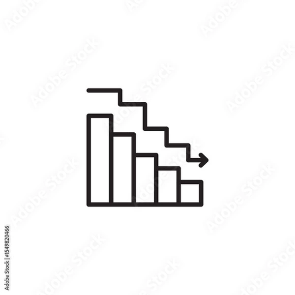 Fototapeta A line art icon illustrating a downward trend with a bar chart. Five bars progressively decrease in height from left to right, accompanied by a descending staircase.