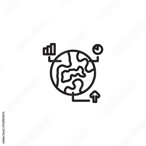 Obraz A line art icon of a globe with various data representations. A bar chart, a circular arrow, and an upward arrow extend from different points on the globe, symbolizing global data, trends, and growth.