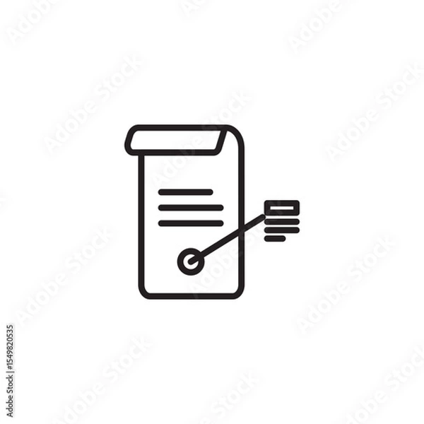Fototapeta A line art icon shows a document with text lines and a magnifying glass, connected by a diagonal line to a data visualization of vertical bars. This represents data analysis from a document.