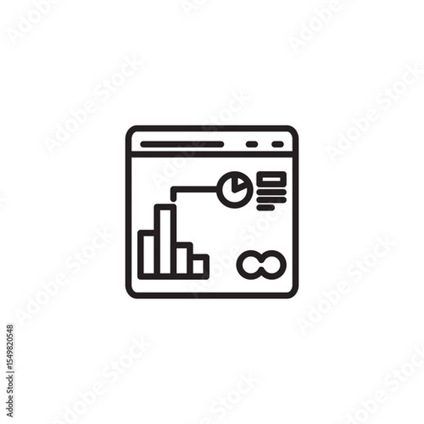Obraz A line art icon depicts a web browser window displaying data analytics. Inside, a bar chart, a connected pie chart segment, and an infinity symbol represent various forms of data visualization.