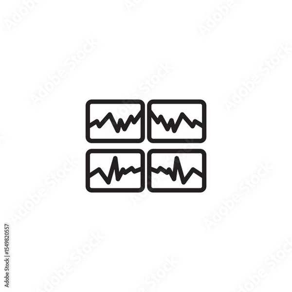 Obraz A clean line art icon features four rectangular panels arranged in a 2x2 grid. Each panel contains a distinct, fluctuating line graph, suggesting diverse data streams, multiple analyses.