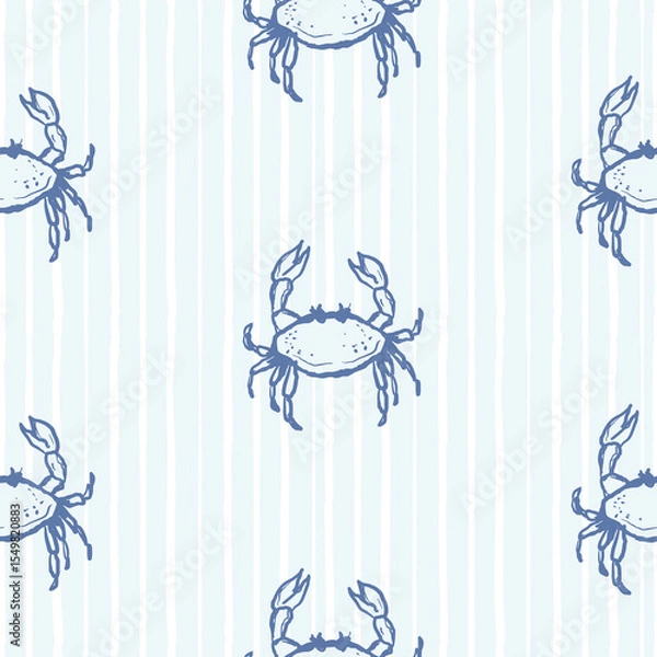 Fototapeta Crab cute striped Seamless simple Pattern Blue and White Background