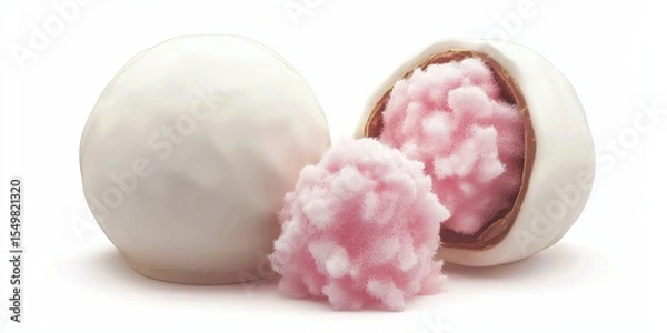 Fototapeta White chocolate truffle with pastel pink cotton candy filling, isolated on white background