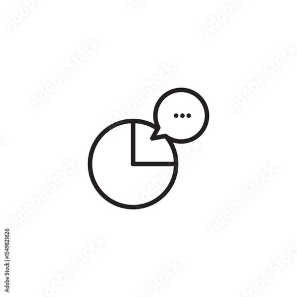 Fototapeta A clean line art icon of a pie chart with one segment separated. A speech bubble with ellipses emerges from the separated segment, symbolizing discussion.