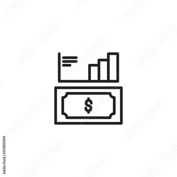 Fototapeta A clean line art icon depicts a dollar bill with a dollar sign. Above it, a bar chart and horizontal lines suggest financial growth, budgeting, or money-related data visualization and analysis.