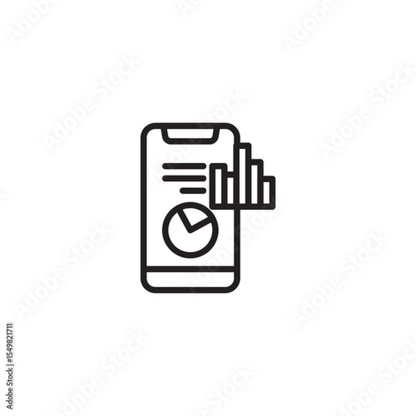 Fototapeta A line art icon of a smartphone displaying a pie chart and horizontal lines. A bar chart extends from the phone, symbolizing mobile data analytics, financial apps, or business intelligence on the go.