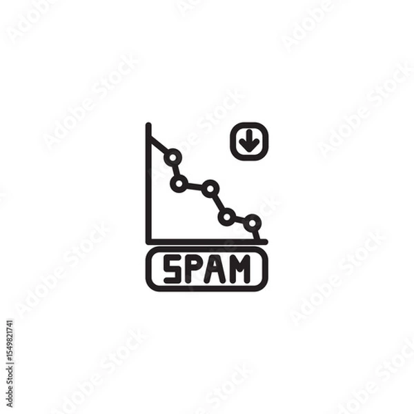 Fototapeta A line art icon features a graph showing a downward trend with connected dots. Below it, a rectangle labeled "SPAM" and a downward arrow indicate a decrease in unwanted content.