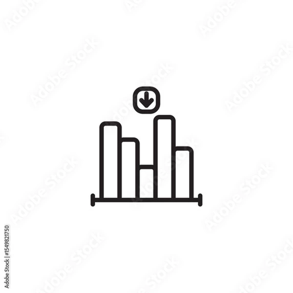 Fototapeta A simple line art icon shows a bar chart with four bars of varying heights. An arrow pointing downwards is positioned above the second tallest bar, indicating a decrease.
