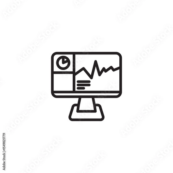 Fototapeta A minimalist line art icon of a computer monitor displaying data analytics. The screen shows a fluctuating line graph, a pie chart segment, and horizontal lines, symbolizing a dashboard.