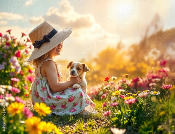 Obraz Little girl playing with her Jack Russell Terrier puppy in blooming Spring garden.