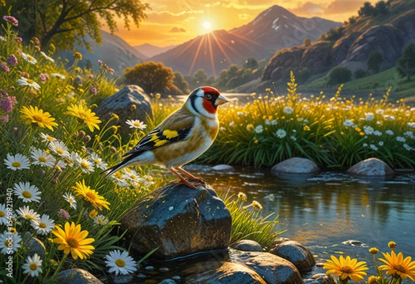Obraz European Goldfinch perched on a rock beside a river  as wild Spring daisies bloom in full splendor.