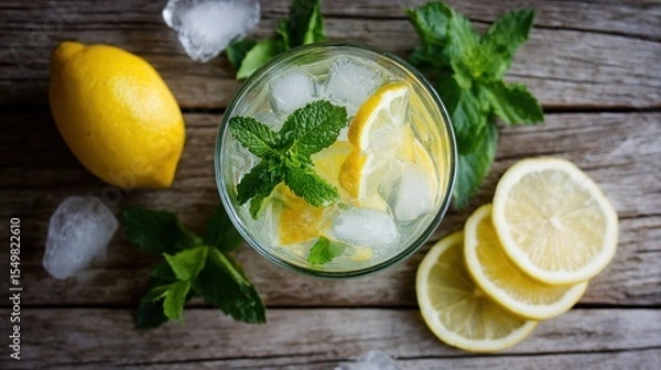 Fototapeta Refreshing summer drink with lemon, mint and ice in a glass on rustic wooden background, ideal for food blogs, ads and seasonal menus