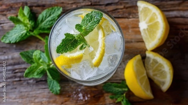 Fototapeta Refreshing summer drink with lemon, mint and ice in a glass on rustic wooden background, ideal for food blogs, ads and seasonal menus