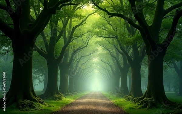 Fototapeta Magical forest pathway lined with tree arches, creating a serene and mysterious atmosphere in the green woods. Ideal for nature and fantasy themes. High quality