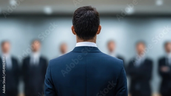 Obraz A man in a suit stands with his back to the camera, facing a blurred group of people in formal attire, suggesting a business meeting or presentation setting.