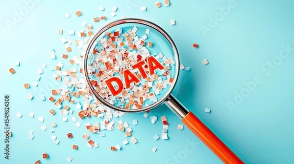 Fototapeta Magnifying glass focusing on word DATA among multicolored particles on blue background