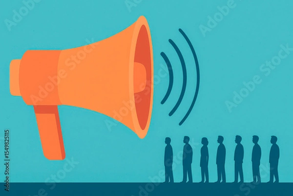 Fototapeta Illustration of a giant orange megaphone broadcasting sound waves to a line of people, symbolizing the power of populism and emotional messaging in mass media and social networks.