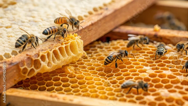 Fototapeta Busy honey bees constructing and caring for golden honeycomb cells within a wooden beehive frame