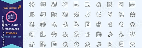 Fototapeta Credit, Loans and Mortgages web icons in outline style. Credit card, deposit, car leasing, rate interest, calculator, income, rating, collection. Editable stroke outline icon