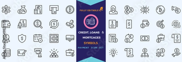 Fototapeta Credit, Loans and Mortgages web icons in outline style. Credit card, deposit, car leasing, rate interest, calculator, income, rating, collection. Editable stroke outline icon