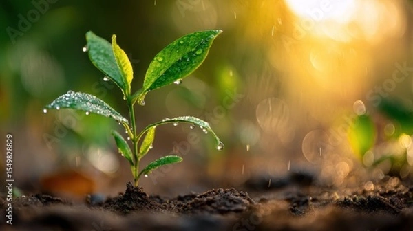 Obraz A small plant sprouts from the earth, glistening with water droplets under sunlight.