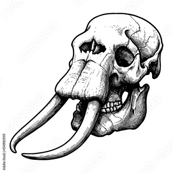 Fototapeta Elephant Skull with Tusks Detailed Black and White Outline Line Art Drawing Isolated Vintage Style