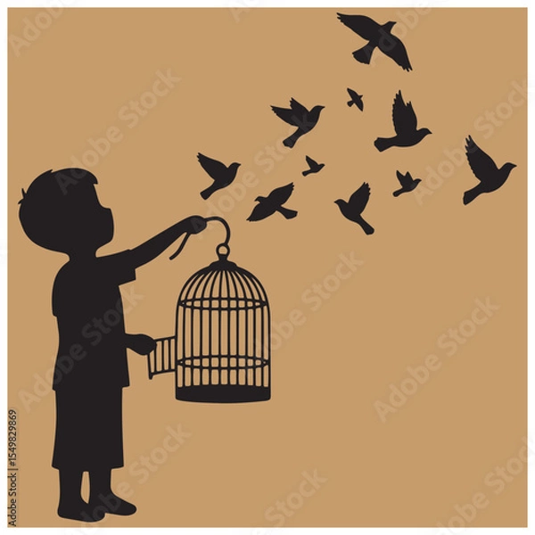 Fototapeta A silhouette of a boy releasing birds from a cage symbolizing freedom and hope