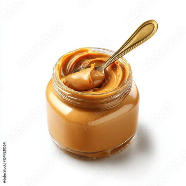 Obraz jar of peanut butter with spoon, smooth surface, isolated on white background