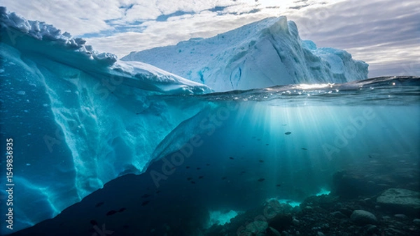 Fototapeta Underwater and above water view of a massive iceberg with sun rays piercing the clear blue ocean
