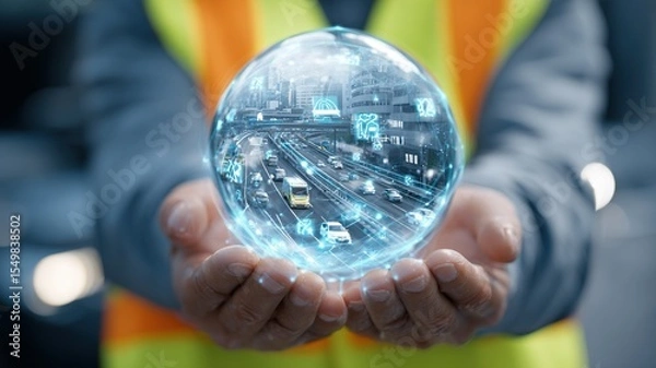 Obraz Transportation Engineer Holding AI Sphere with Autonomous Vehicle Icons
