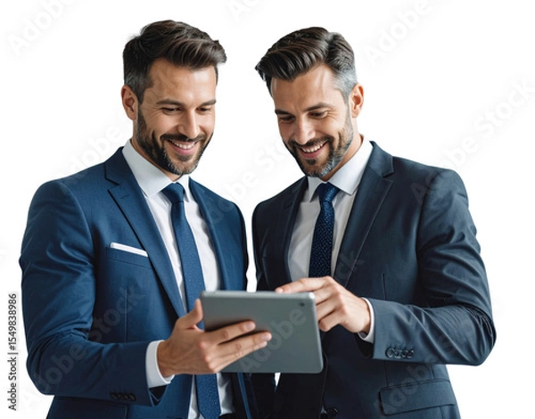 Fototapeta Team of Two Business People Discussing Project with Digital Tablet, isolated on a transparent background.