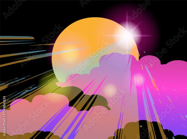 Obraz Vector illustration in trendy flat and neon style: bright sun with a star flare, colorful gradient clouds in pink, purple, yellow, and dynamic rays on a black background. Popular for bold digital art.