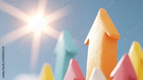 Fototapeta Colorful arrows pointing upwards, symbolizing growth, success, and positive trends against a bright sky.