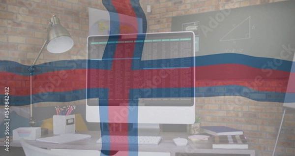 Obraz Displaying white computer monitor showing lines of code on desk in home office, with chalkboard